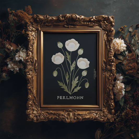 Perlmohn Poster - Botanischer Kunstdruck, dunkle Mohnblume Illustration Fantasy Pflanze