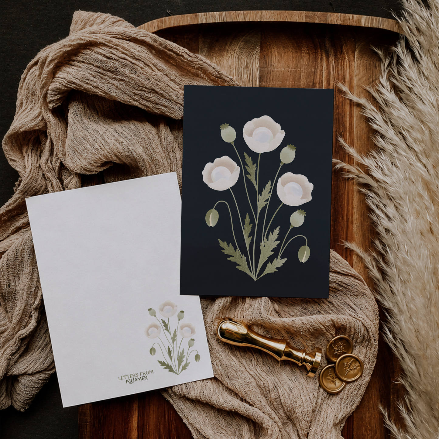 Postkarte Perlmohn Fantasy Blume - Botanische Grußkarte, dunkle Mohnblume Illustration, Fantasy Pflanze, Wandkunst