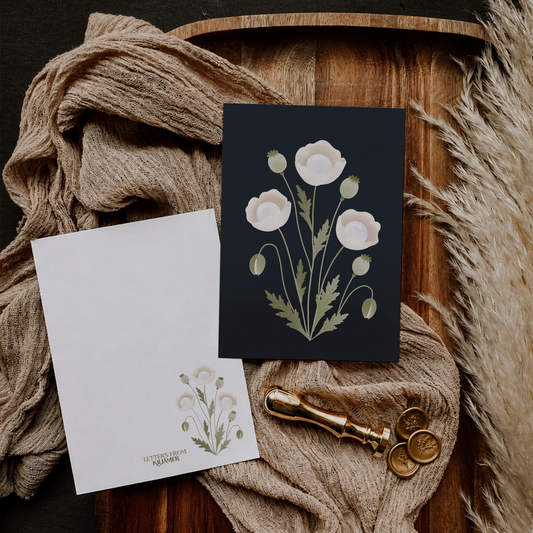 Postkarte Perlmohn Fantasy Blume - Botanische Grußkarte, dunkle Mohnblume Illustration, Fantasy Pflanze, Wandkunst