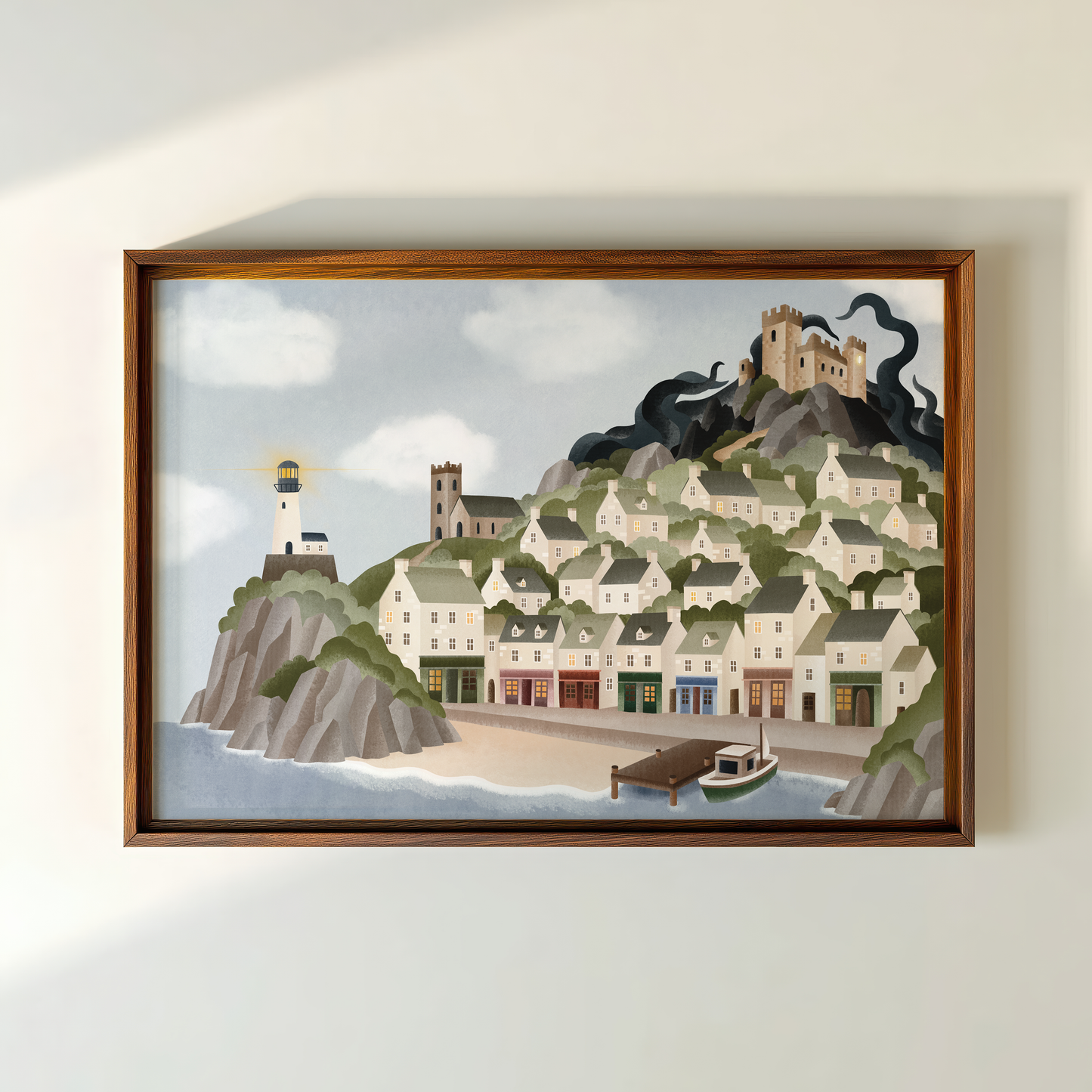 Poster Kiljamer Küste - Stadtposter Fantasystadt Kunstdruck Illustration Fantasy Ort am Meer