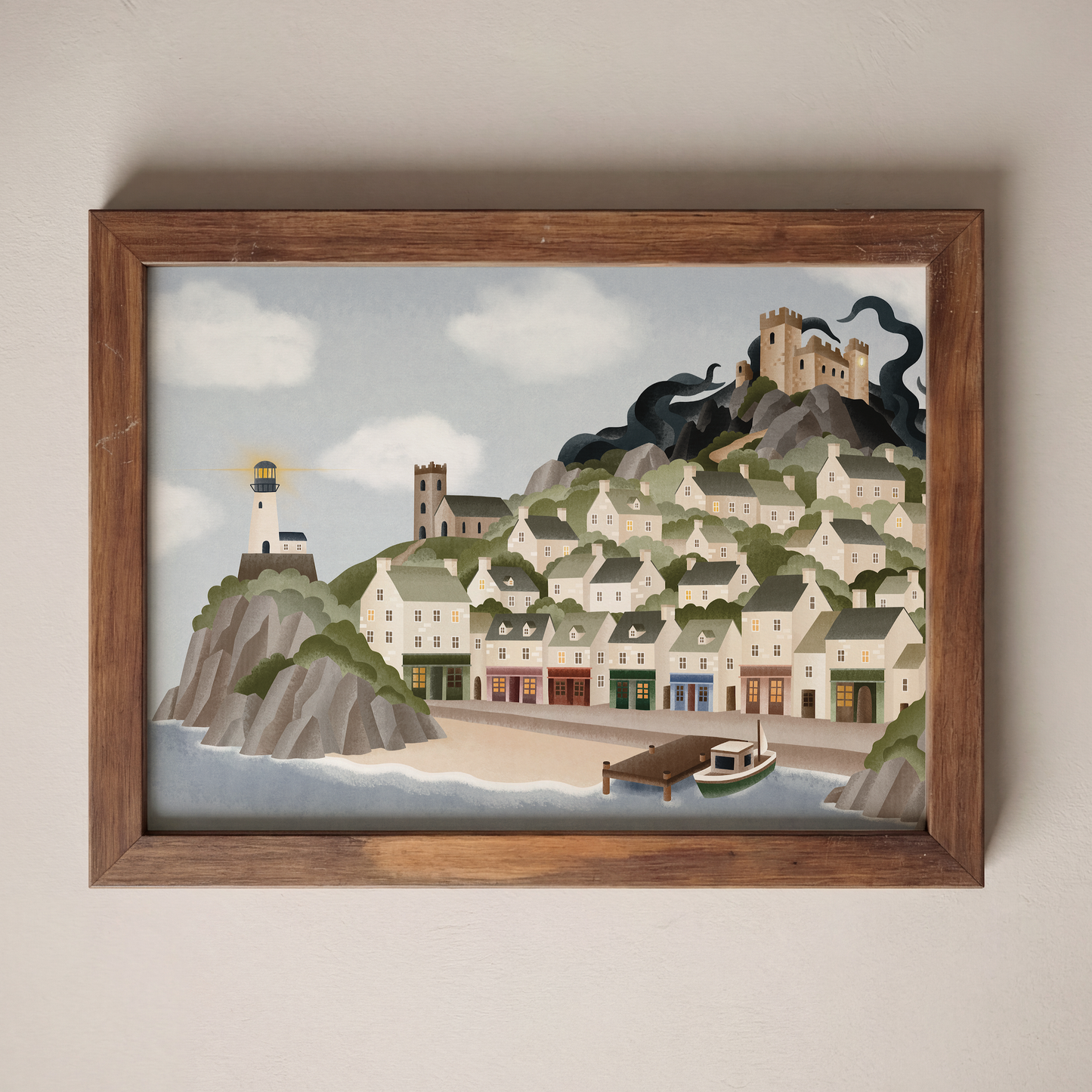 Poster Kiljamer Küste - Stadtposter Fantasystadt Kunstdruck Illustration Fantasy Ort am Meer