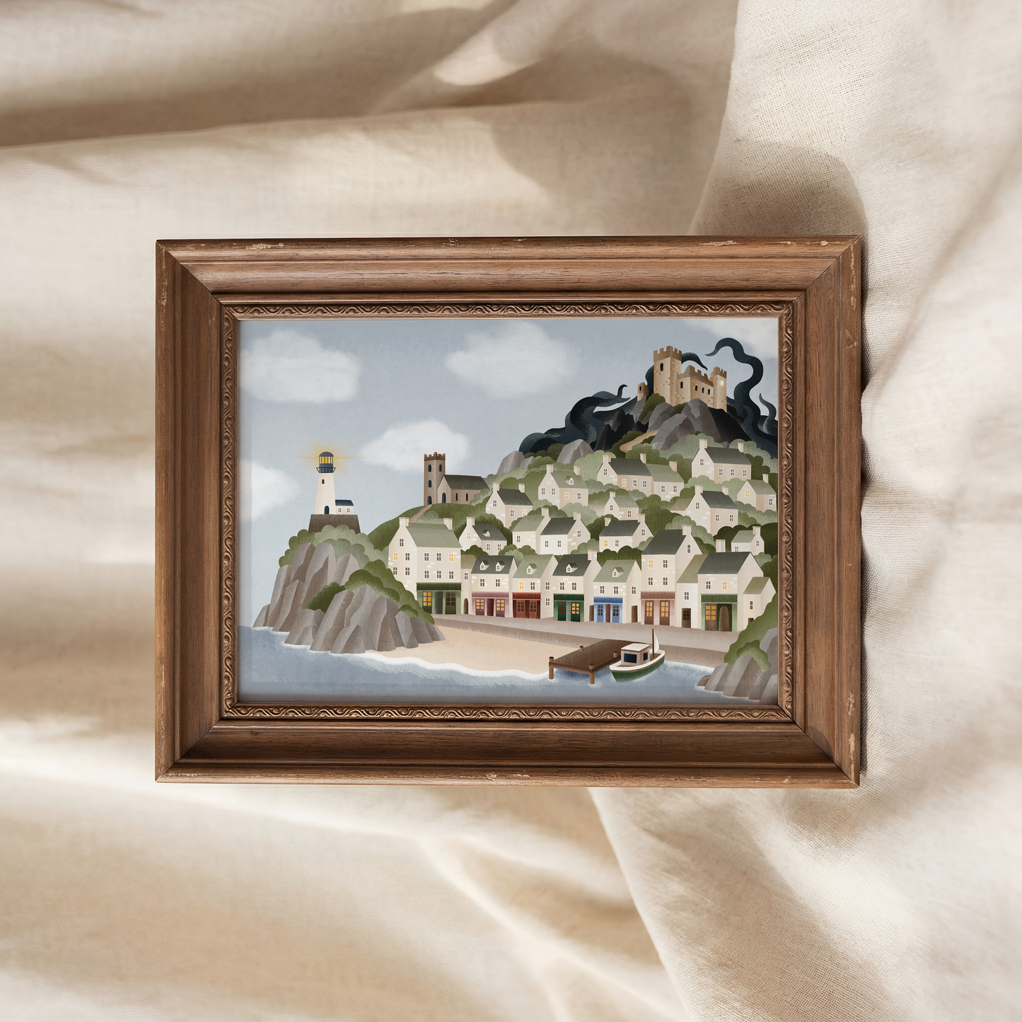 Poster Kiljamer Küste - Stadtposter Fantasystadt Kunstdruck Illustration Fantasy Ort am Meer