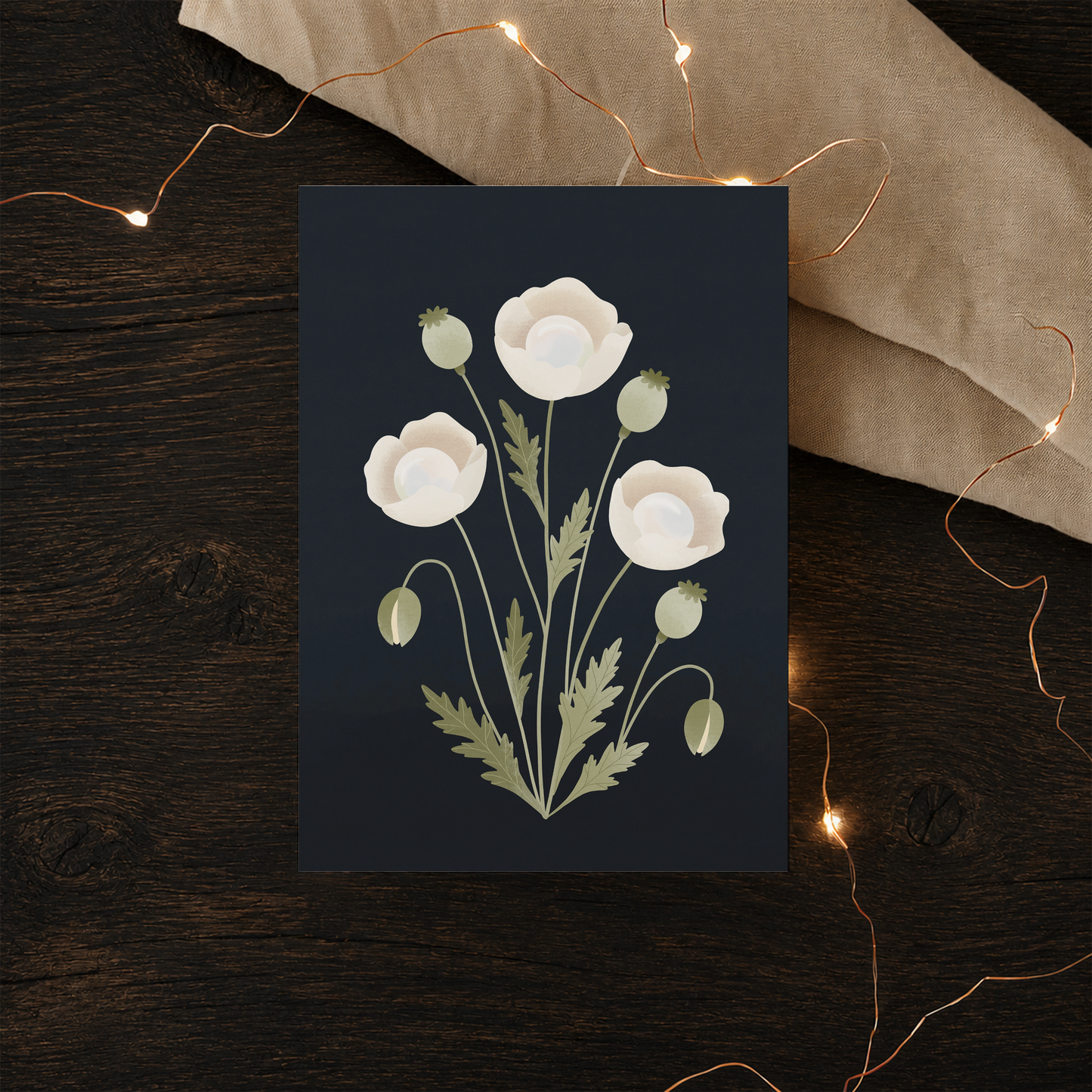 Postkarte Perlmohn Fantasy Blume - Botanische Grußkarte, dunkle Mohnblume Illustration, Fantasy Pflanze, Wandkunst