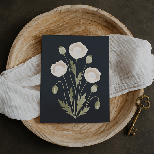 Postkarte Perlmohn Fantasy Blume - Botanische Grußkarte, dunkle Mohnblume Illustration, Fantasy Pflanze, Wandkunst